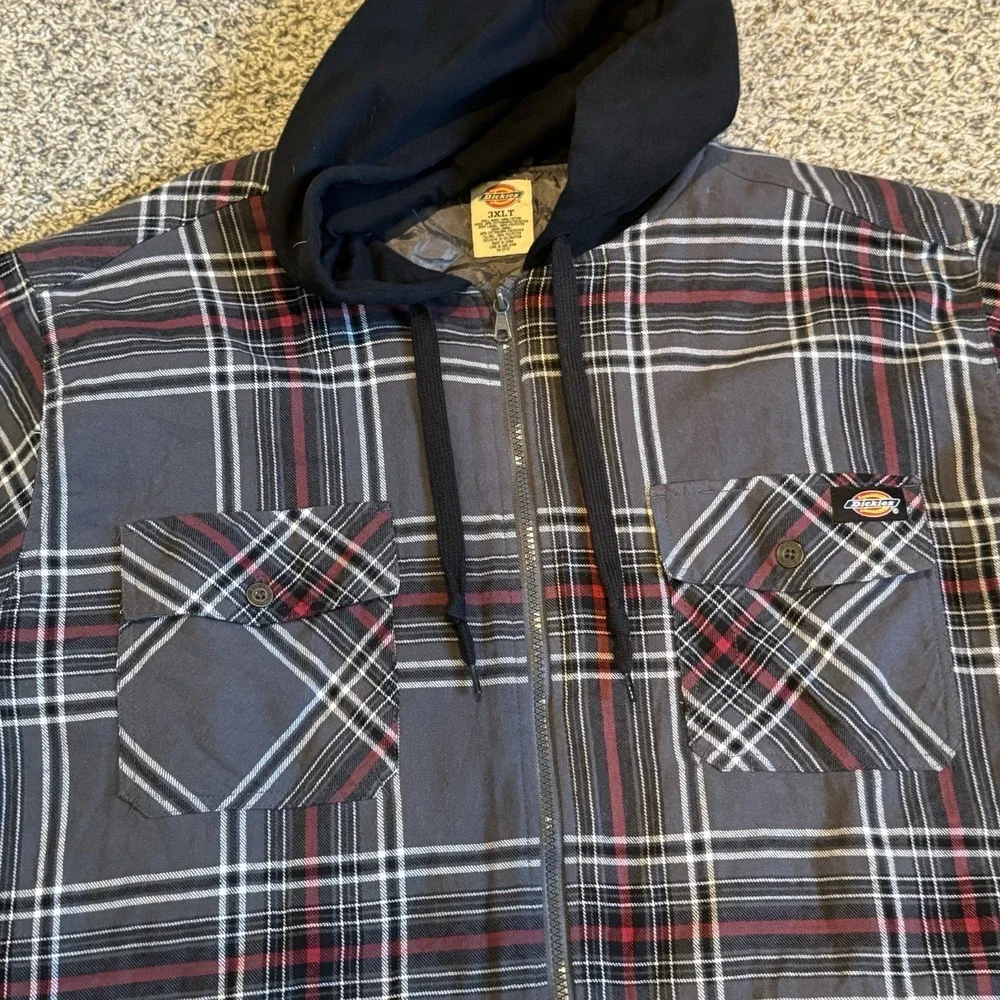 Genuine Dickies Mens Plaid Hooded Flannel Shirt Jacket Quilted Lined Grey 3XLT